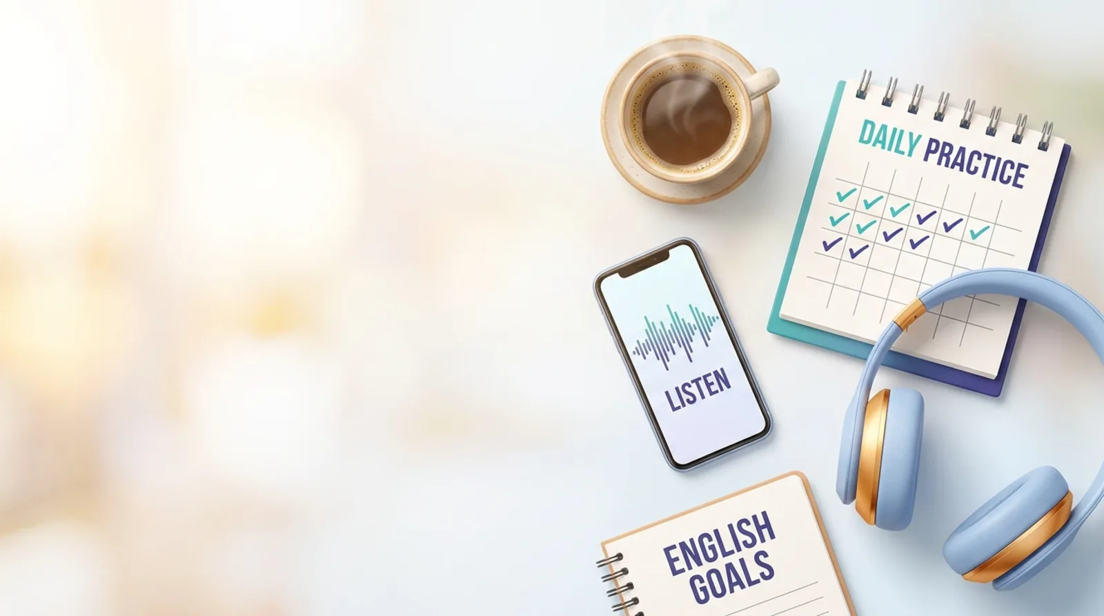 A bright, cheerful morning study scene with coffee, headphones, a phone showing a sound wave, and a calendar with checkmarks, representing daily pronunciation habits.