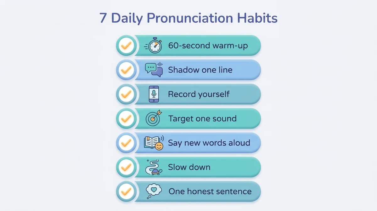 A checklist infographic of seven daily pronunciation habits, including a sixty-second warm-up, shadowing one line, recording yourself, and targeting one sound.